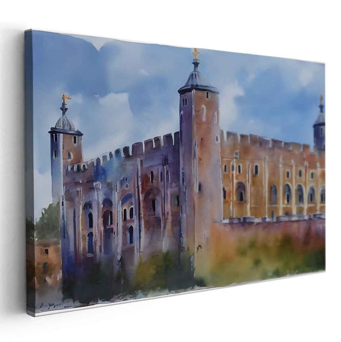 Castle in Aquatic Hues: Watercolor Depiction of a Medieval Castle