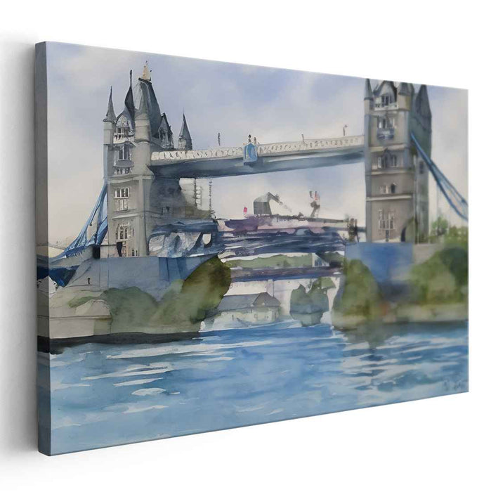 Rainy River Reflections: Impressionist Watercolor of London's Tower Bridge