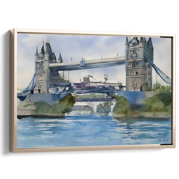 Rainy River Reflections: Impressionist Watercolor of London's Tower Bridge
