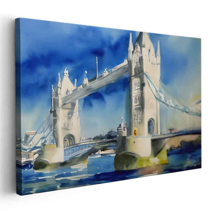 Serene Blue Majesty: Impressionist Watercolor of London's Tower Bridge