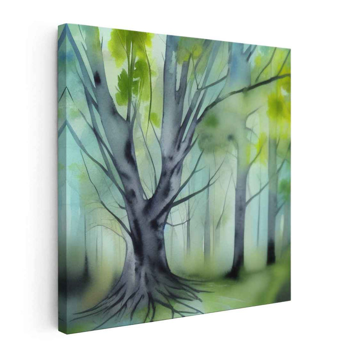 Serenity in the Mist: Watercolor Forest Landscape Canvas Art