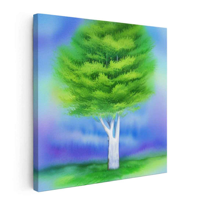 Serene Greens: Lush Tree in Watercolor Landscape Canvas Art