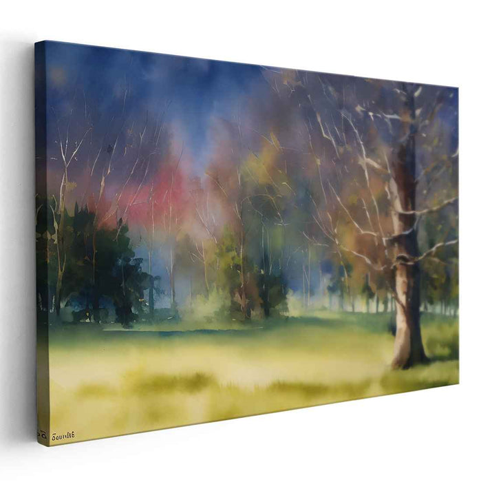 Tranquil Forest Clearing: Serene Watercolor Landscape Art Print