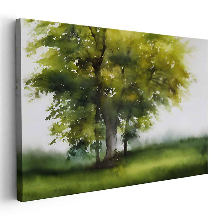 Quiet Arboreal Reflections: Tranquil Watercolor Tree Landscape Canvas Art Print