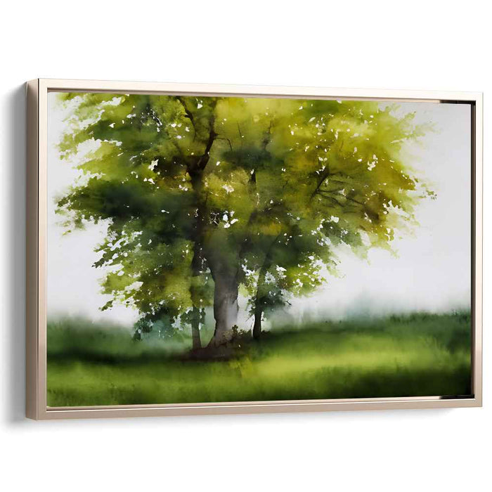 Quiet Arboreal Reflections: Tranquil Watercolor Tree Landscape Canvas Art Print