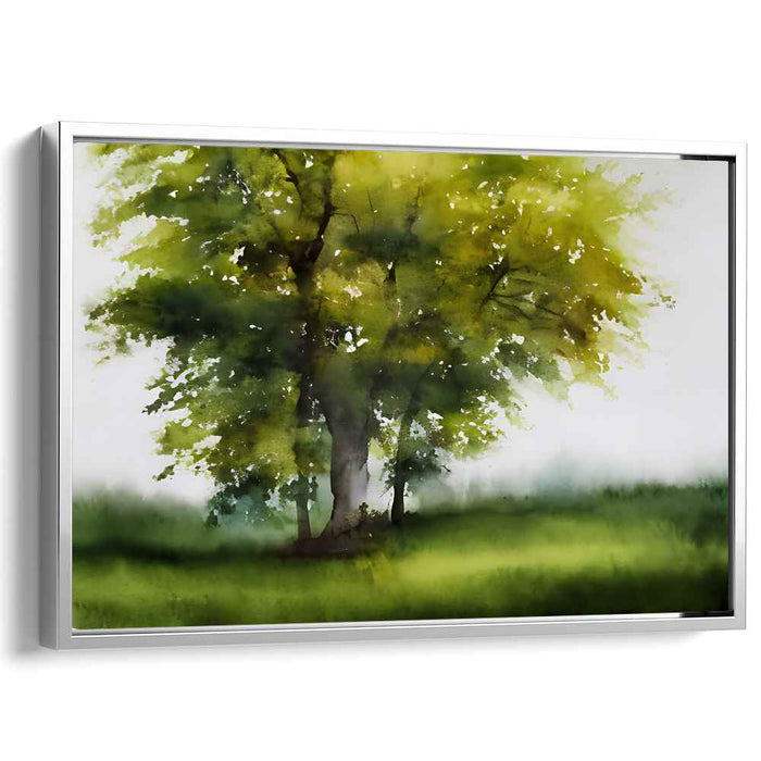 Quiet Arboreal Reflections: Tranquil Watercolor Tree Landscape Canvas Art Print