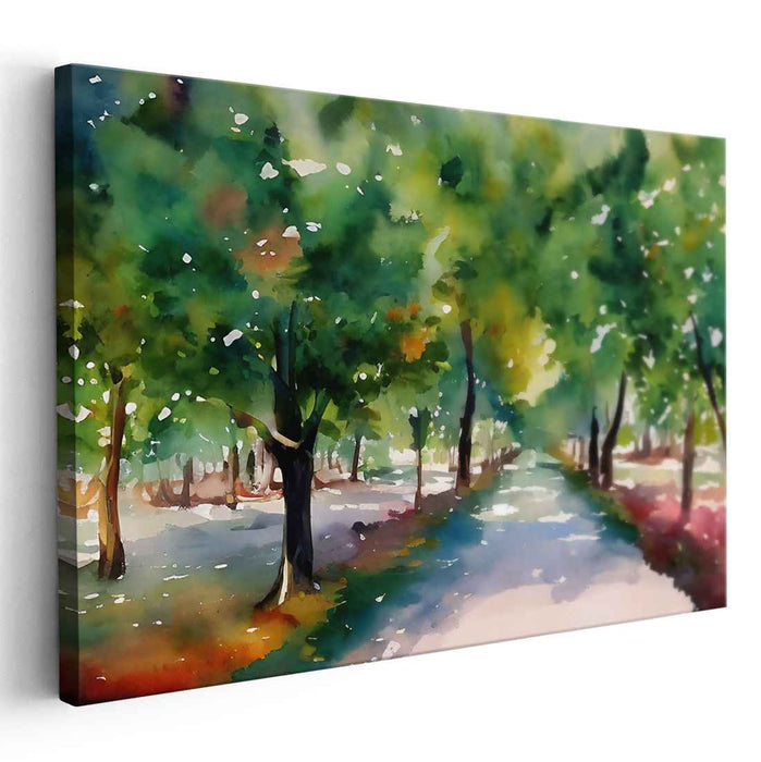 Pastel Riverbanks: Watercolor Impressionist Landscape Canvas Art Print