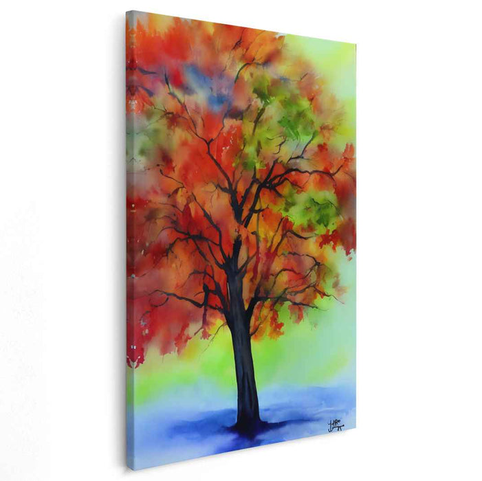 Chromatic Arboreal Watercolor Impressions: Vibrant Watercolor Tree Canvas Art Print