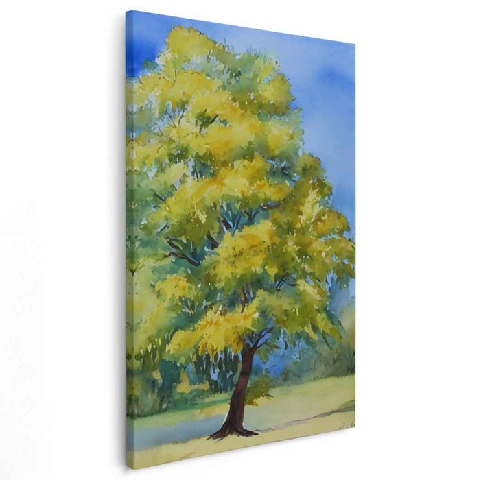 Aqua Arboreal Serenity: Lush Tree in Watercolor Landscape Canvas Art