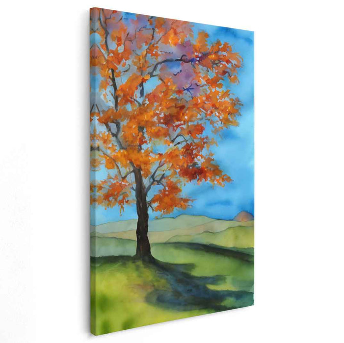 Blaze Amidst Watercolor Dreams: Watercolor Landscape with Fiery Orange Tree