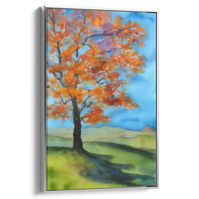 Blaze Amidst Watercolor Dreams: Watercolor Landscape with Fiery Orange Tree