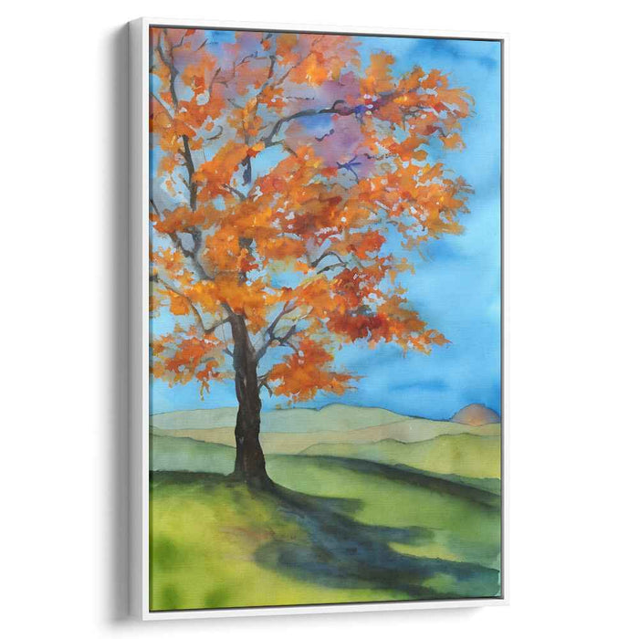 Blaze Amidst Watercolor Dreams: Watercolor Landscape with Fiery Orange Tree