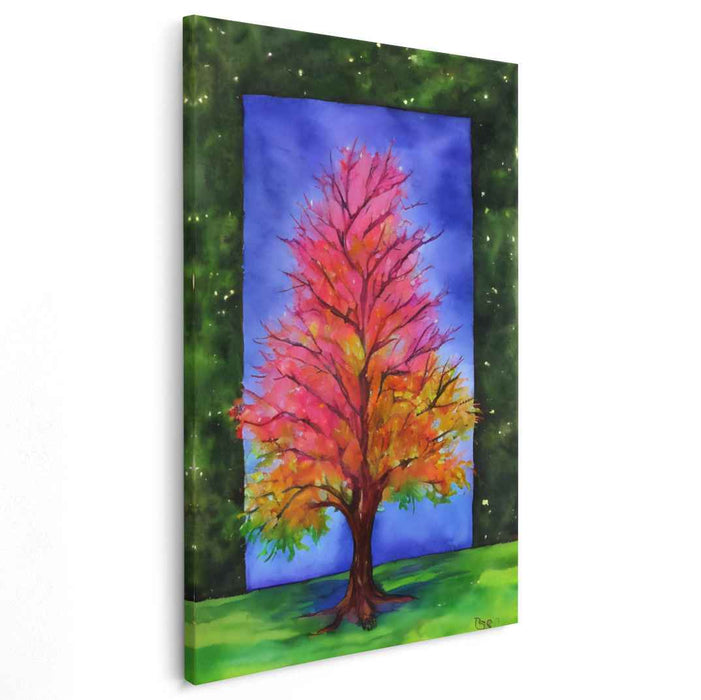 Cosmic Canopy Dance: Vibrant Tree in Starry Night Setting Canvas Art