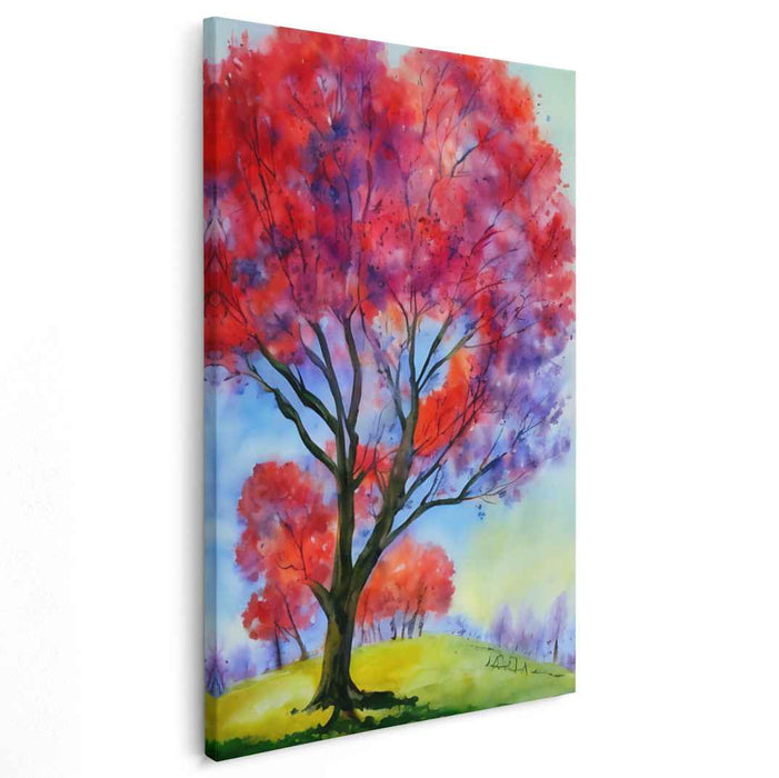 Crimson Echoes Amidst Sky: Vivid Red Tree Watercolor Canvas Art
