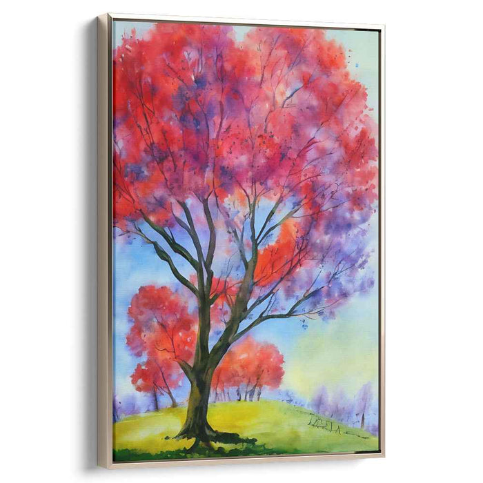 Crimson Echoes Amidst Sky: Vivid Red Tree Watercolor Canvas Art