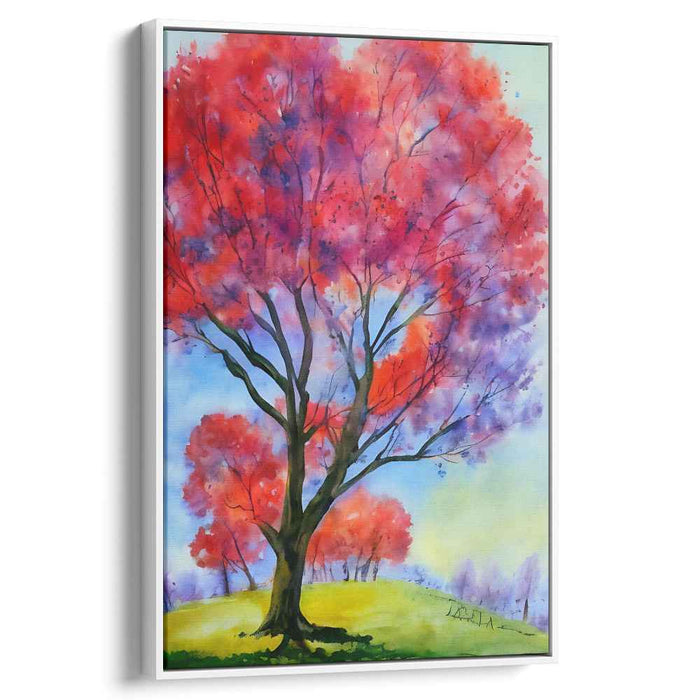 Crimson Echoes Amidst Sky: Vivid Red Tree Watercolor Canvas Art