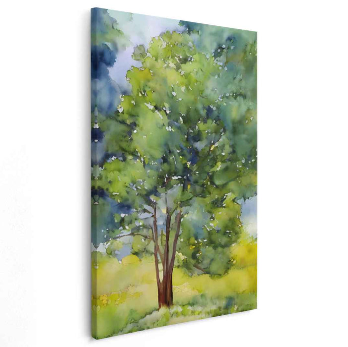 Verdant Arboreal Hues: Watercolor Tree in Lush Green Landscape