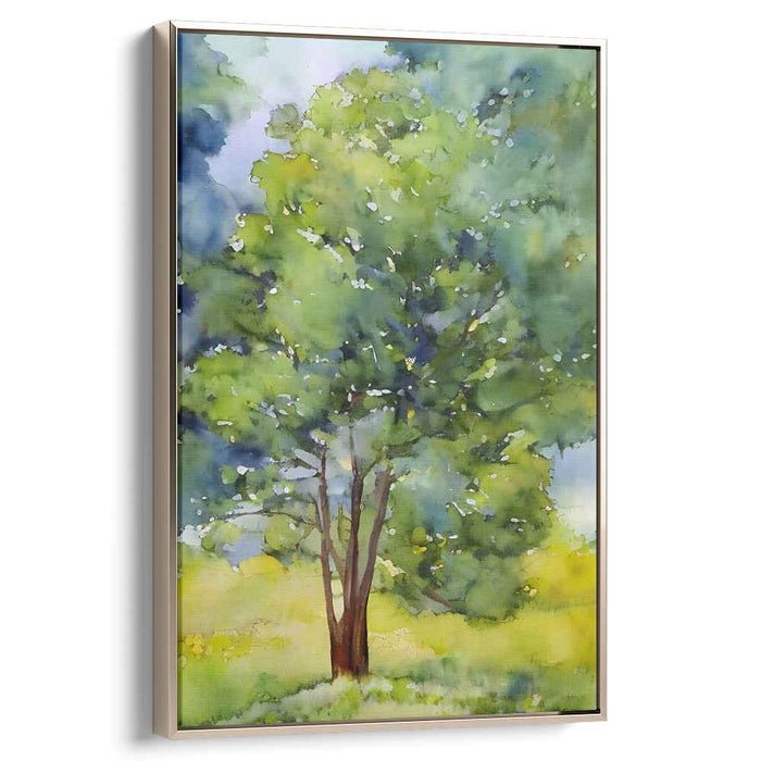 Verdant Arboreal Hues: Watercolor Tree in Lush Green Landscape