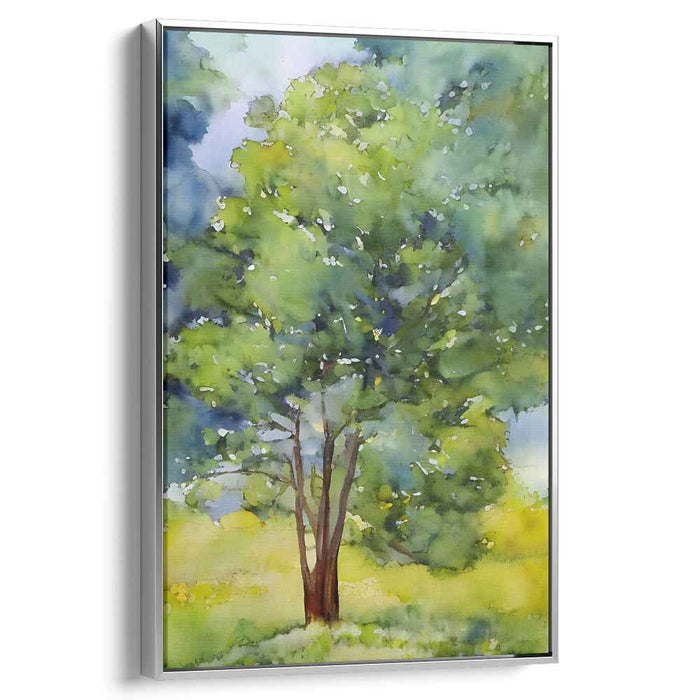 Verdant Arboreal Hues: Watercolor Tree in Lush Green Landscape
