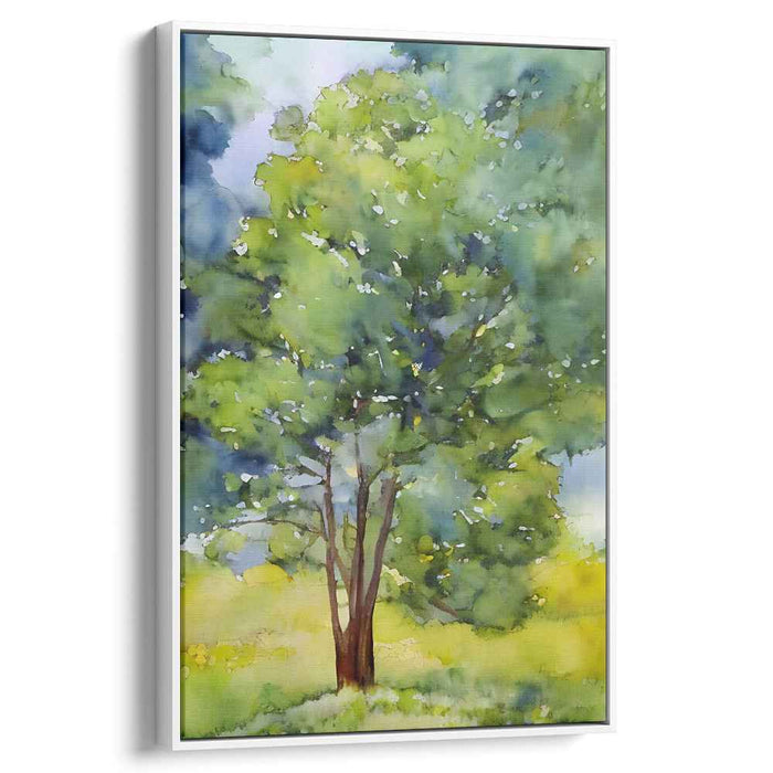 Verdant Arboreal Hues: Watercolor Tree in Lush Green Landscape