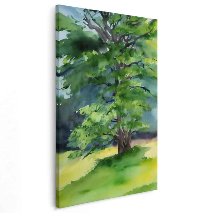 Serene Arboreal Bliss: Impressionist Green Tree Watercolor Canvas Art