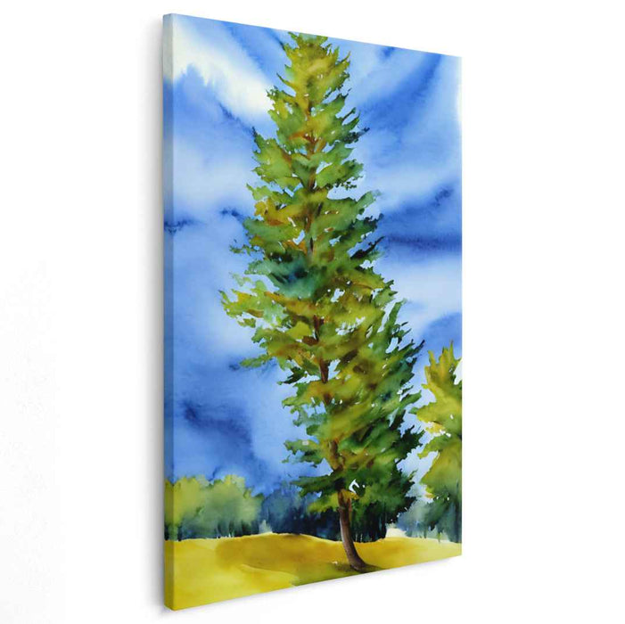 Azure Canopy Whispers: Lush Pine Tree and Blue Sky Watercolor Landscape