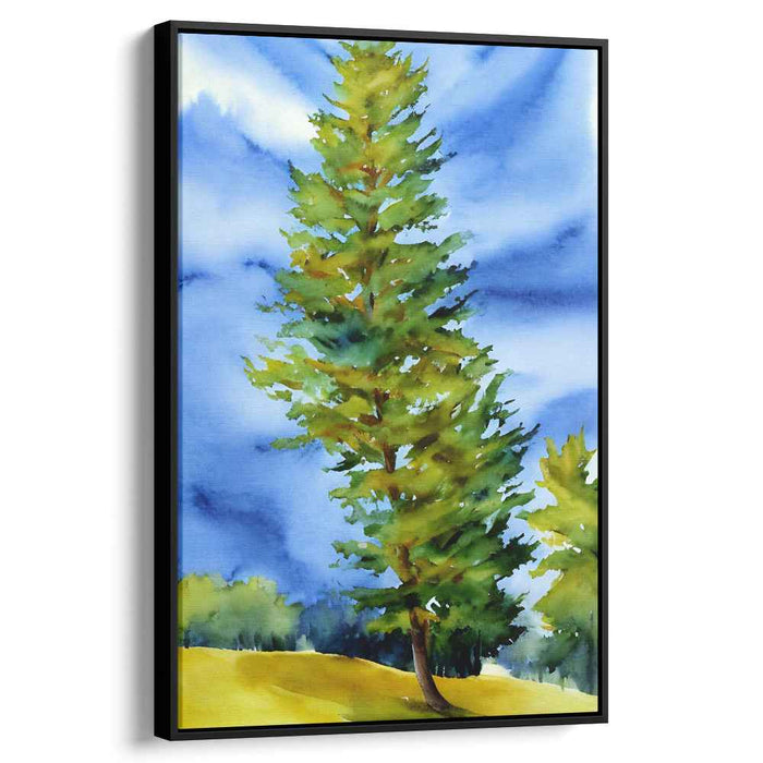 Azure Canopy Whispers: Lush Pine Tree and Blue Sky Watercolor Landscape