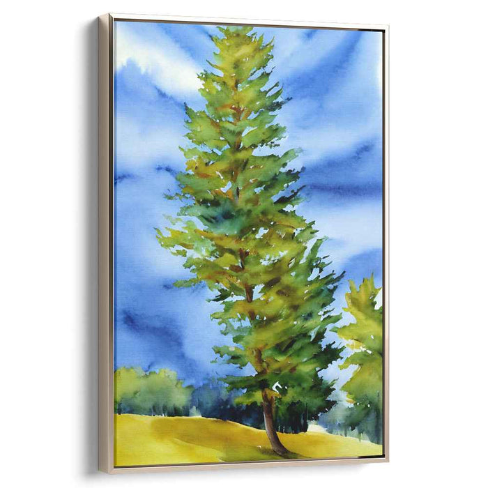 Azure Canopy Whispers: Lush Pine Tree and Blue Sky Watercolor Landscape