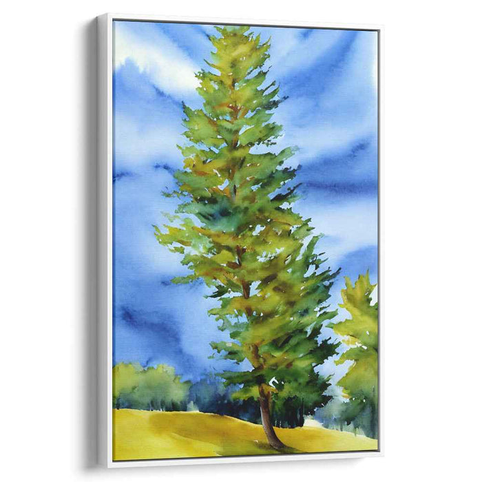 Azure Canopy Whispers: Lush Pine Tree and Blue Sky Watercolor Landscape