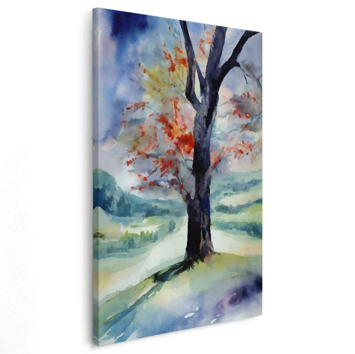 Blaze of Brushstrokes: Impressionistic Tree in Fiery Watercolor