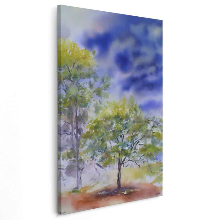 Sapphire Canopy Serenade: Watercolor Trees Under a Brilliant Sky