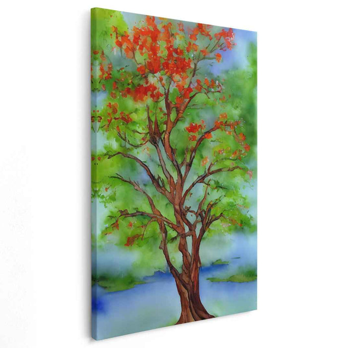 Serene Seasons: Watercolor Tree in Tranquil Landscape