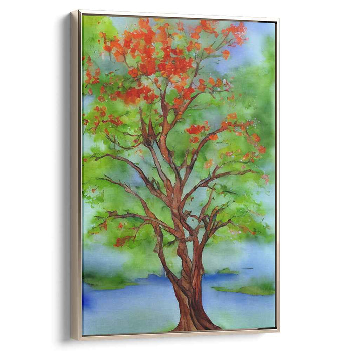 Serene Seasons: Watercolor Tree in Tranquil Landscape