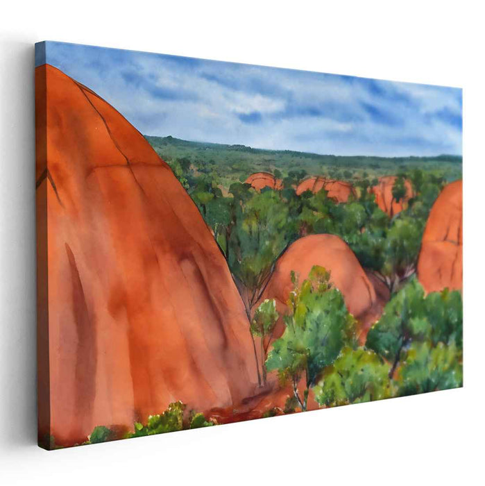 Crimson Canyon Sanctuary: Vibrant Red Rock Oasis Landscape Canvas Art Print