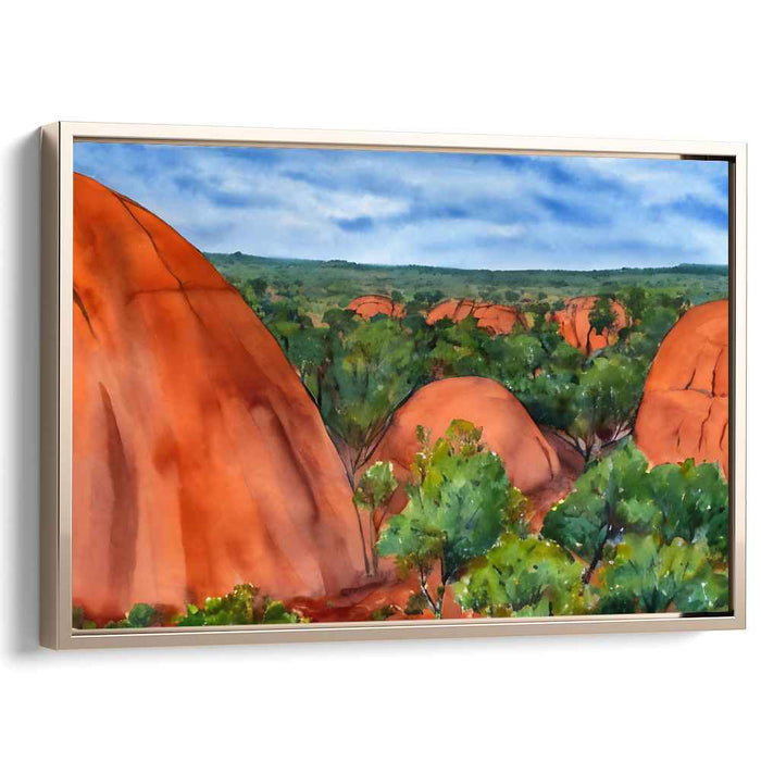 Crimson Canyon Sanctuary: Vibrant Red Rock Oasis Landscape Canvas Art Print