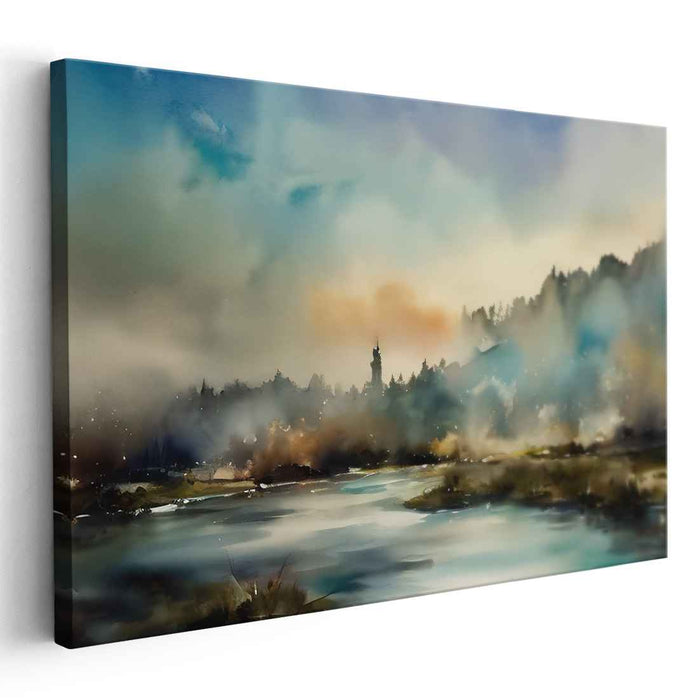 Misty Tranquility: Serene River Landscape in Watercolor
