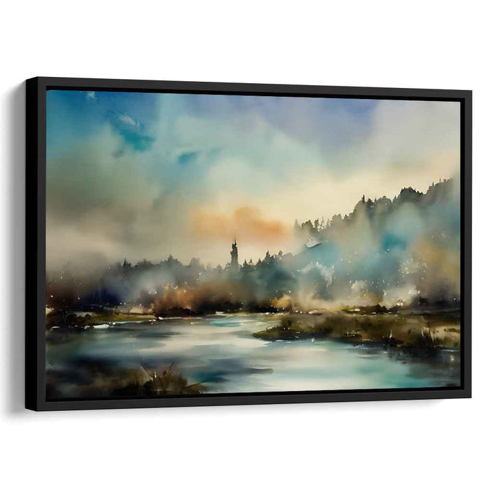 Misty Tranquility: Serene River Landscape in Watercolor