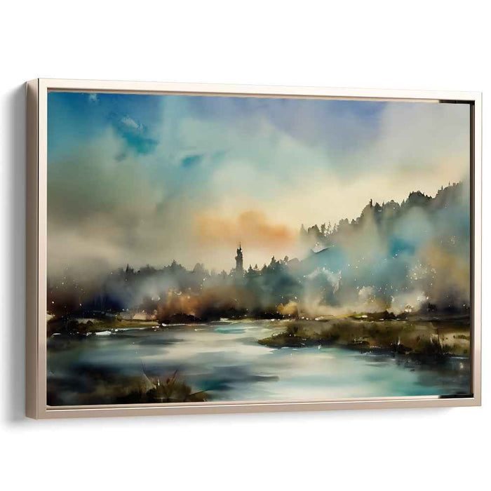 Misty Tranquility: Serene River Landscape in Watercolor