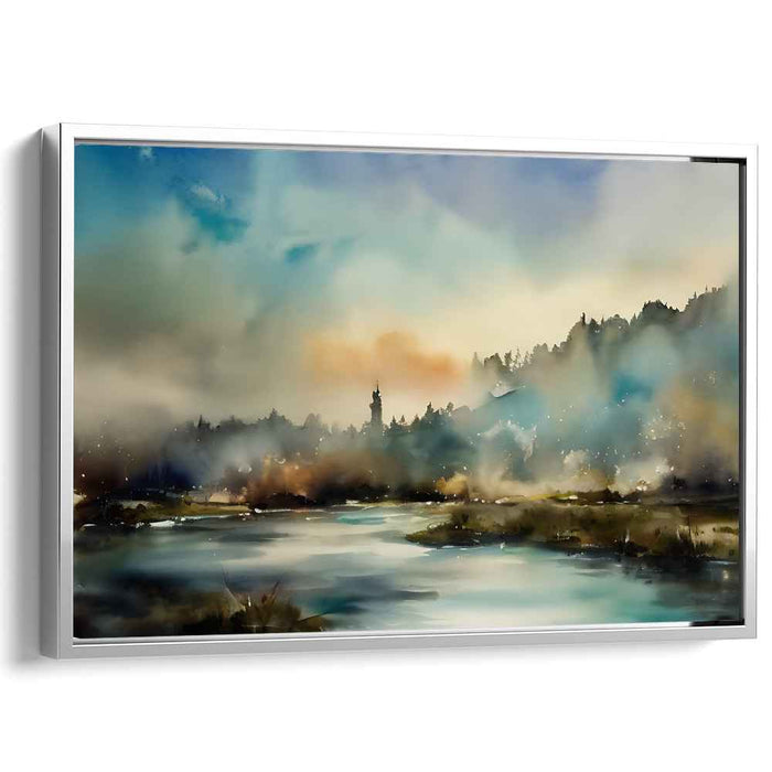Misty Tranquility: Serene River Landscape in Watercolor