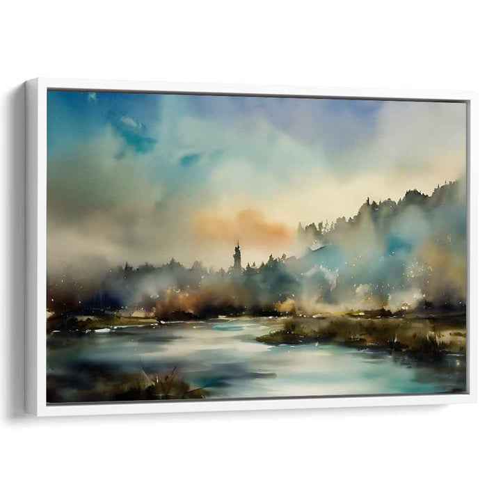 Misty Tranquility: Serene River Landscape in Watercolor