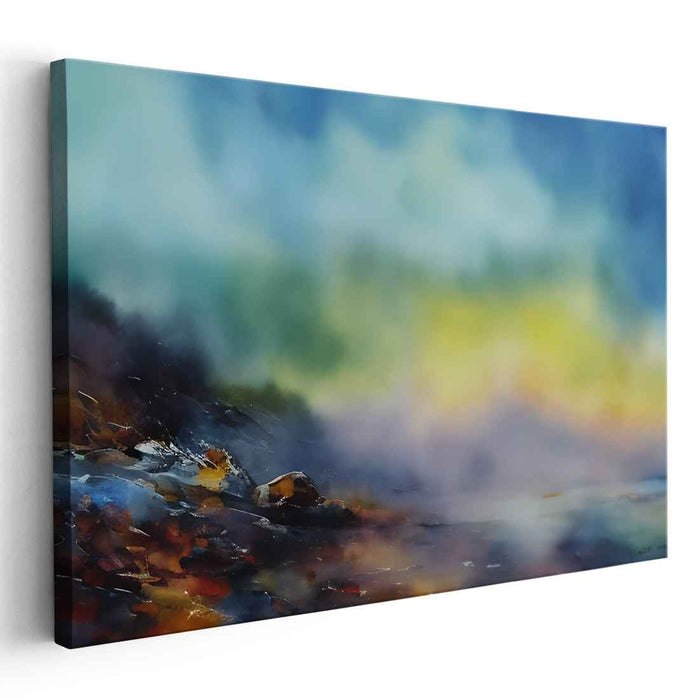 Misty Lakeside Dawn: Tranquil Watercolor Landscape Art