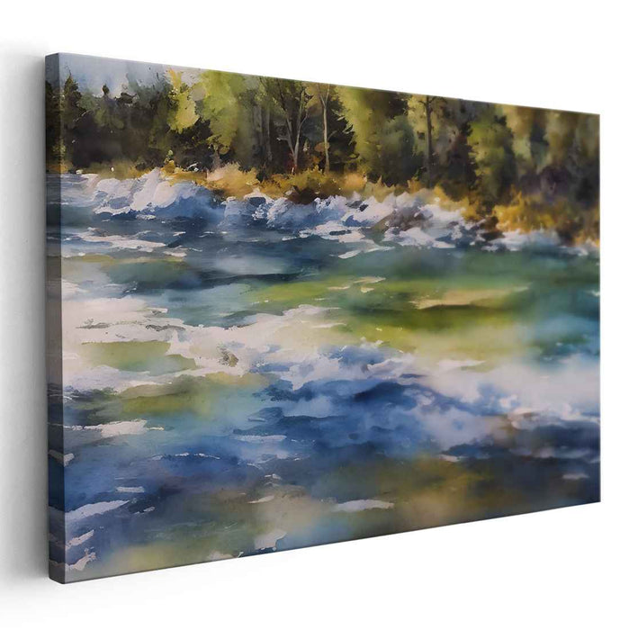 Twilight Riviera: Luminous River Landscape Watercolor Canvas Art