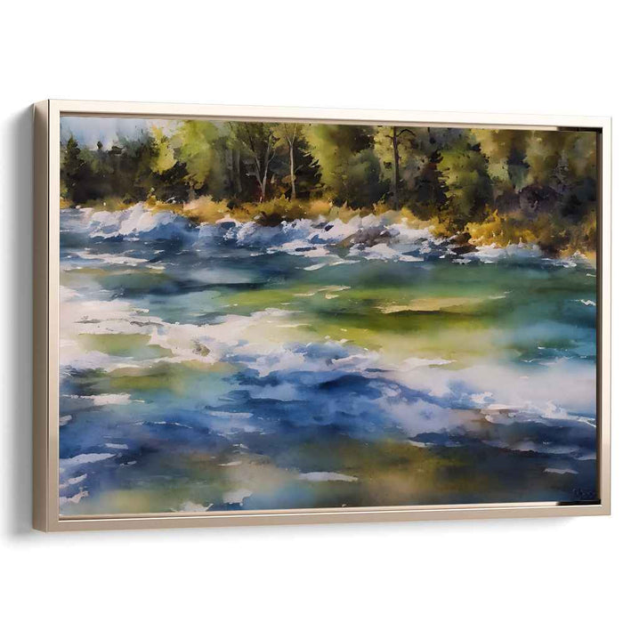 Twilight Riviera: Luminous River Landscape Watercolor Canvas Art