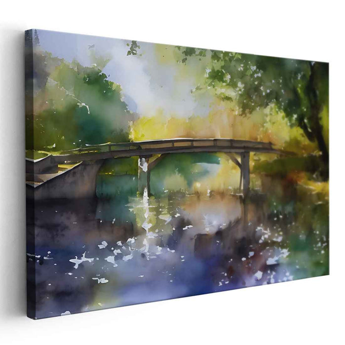 Tranquil Waters Bridge: Watercolor Bridge Over Calm Lake Canvas Art Print