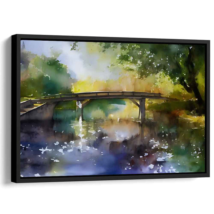 Tranquil Waters Bridge: Watercolor Bridge Over Calm Lake Canvas Art Print