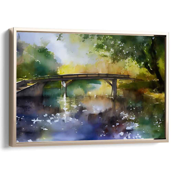 Tranquil Waters Bridge: Watercolor Bridge Over Calm Lake Canvas Art Print