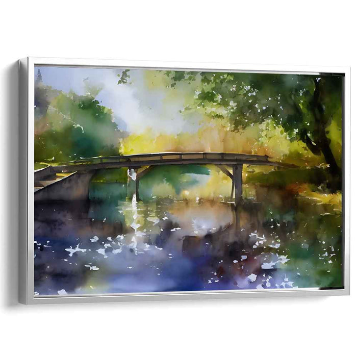 Tranquil Waters Bridge: Watercolor Bridge Over Calm Lake Canvas Art Print