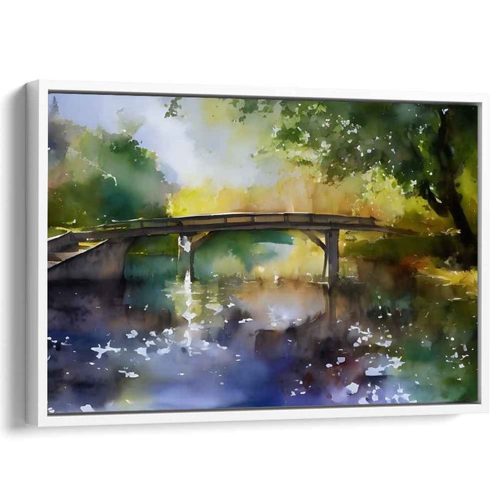Tranquil Waters Bridge: Watercolor Bridge Over Calm Lake Canvas Art Print