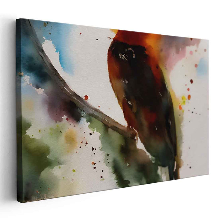 Whimsical Avian Symphony: Expressive Watercolor Bird on Branch Canvas Art Print