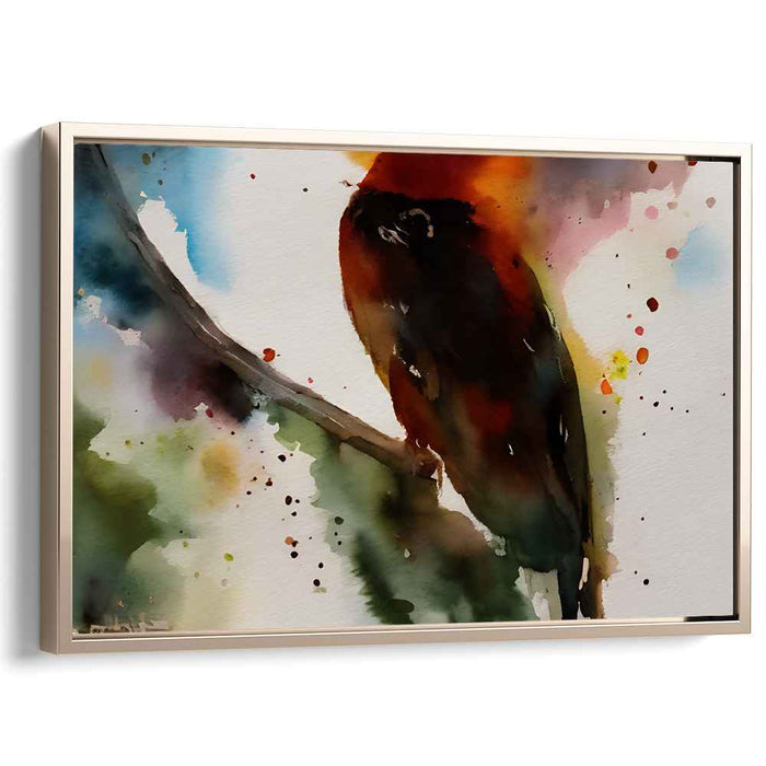 Whimsical Avian Symphony: Expressive Watercolor Bird on Branch Canvas Art Print